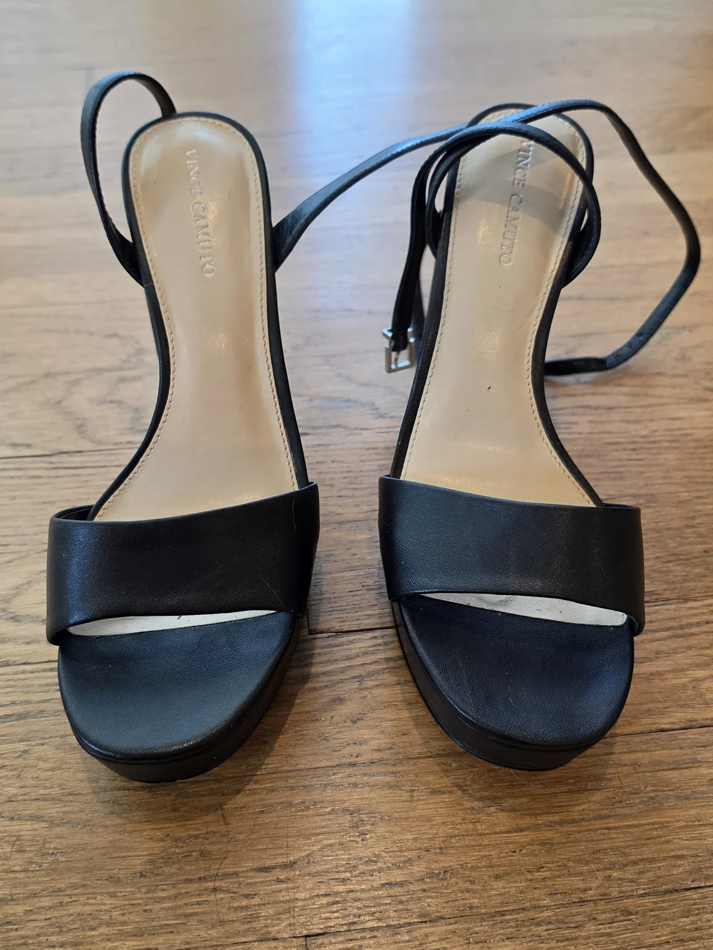Vince Camuto Black Leather Pendry Platform Sandal Open-Strap Ankle Tie Heels